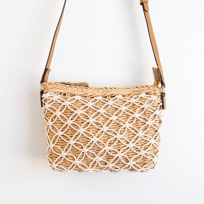 Diamond-Lattice Woven Straw Crossbody Bag
