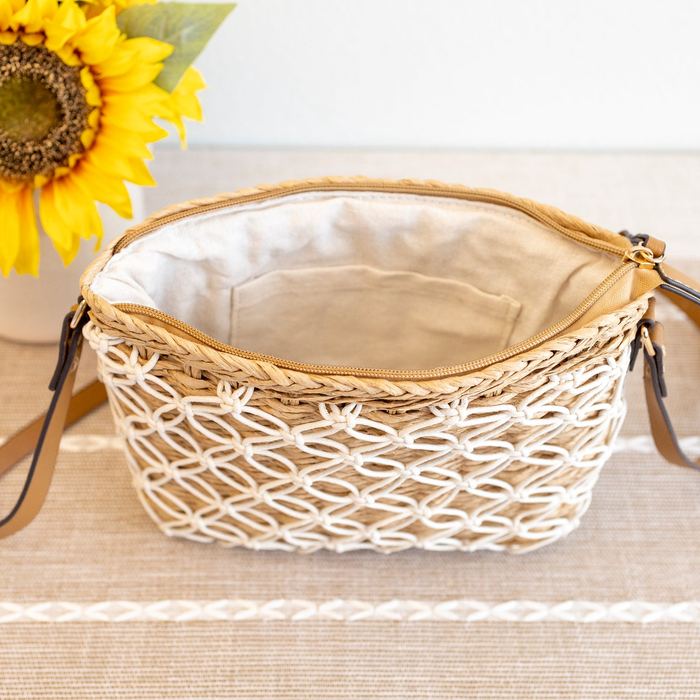 Diamond-Lattice Woven Straw Crossbody Bag