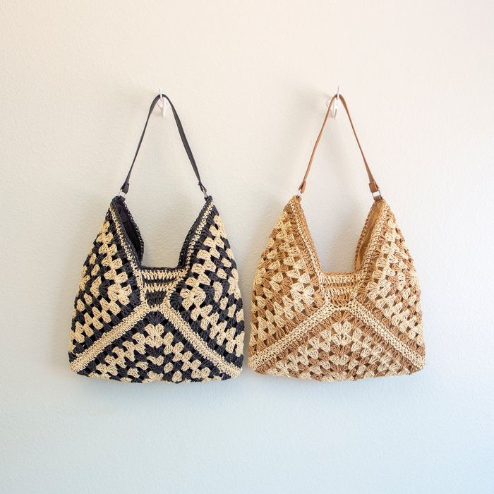 Geometric Woven Straw Hobo Shoulder Bag