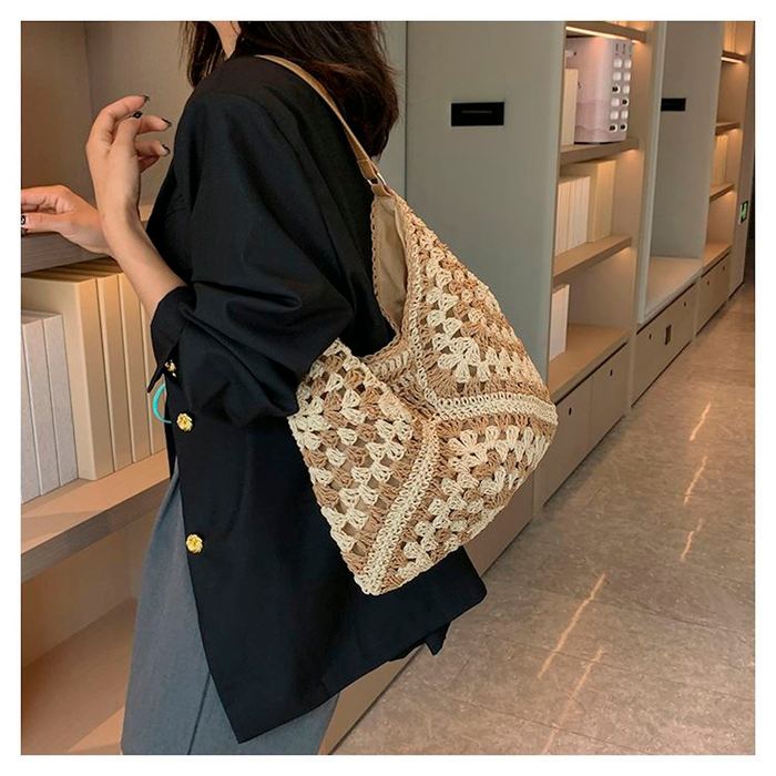 Geometric Woven Straw Hobo Shoulder Bag
