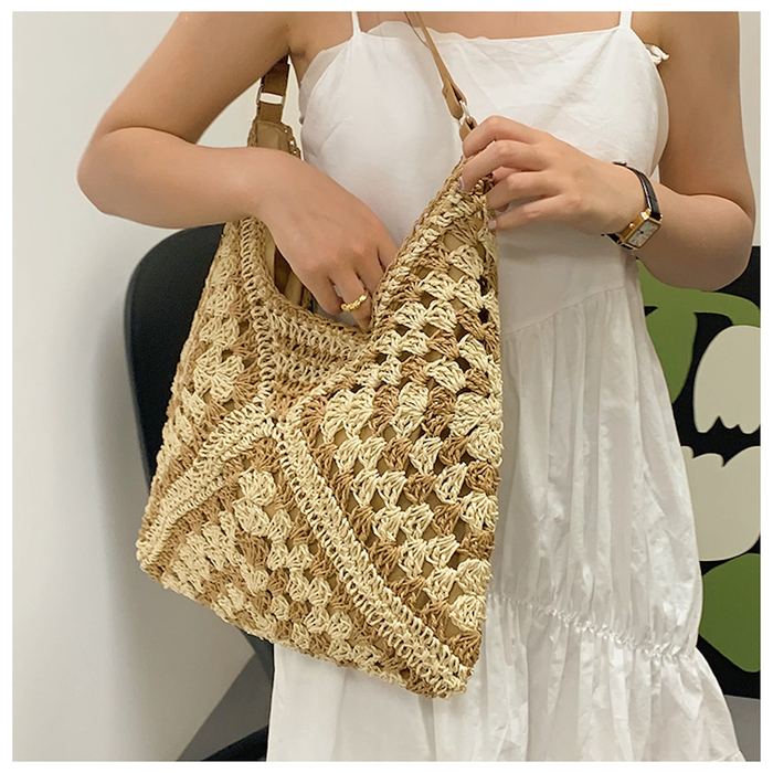 Geometric Woven Straw Hobo Shoulder Bag