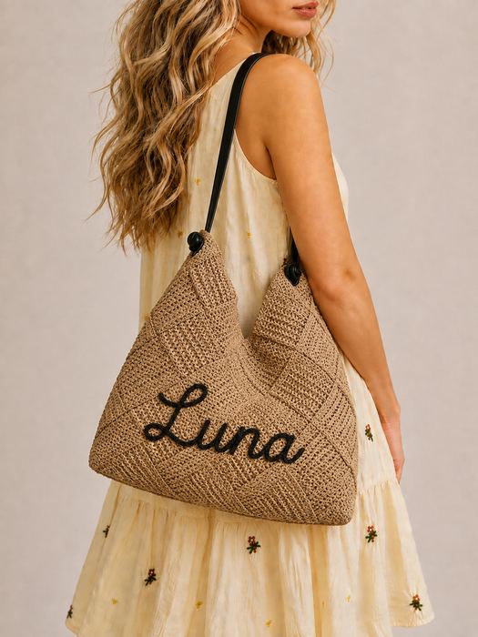 V-Front Woven Straw Hobo Shoulder Bag