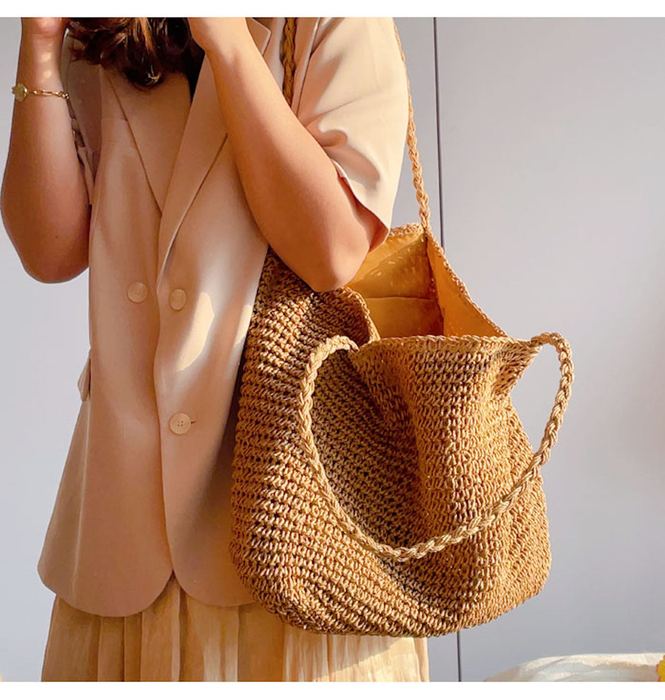 Softly Rounded Straw Tote with Twisted Shoulder Handles