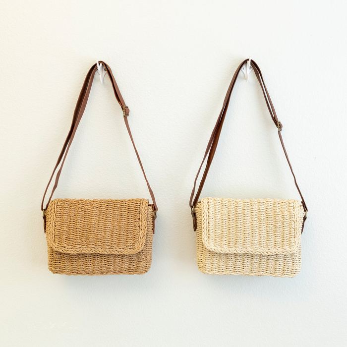 Woven Straw Messenger Bag with Rounded Flap