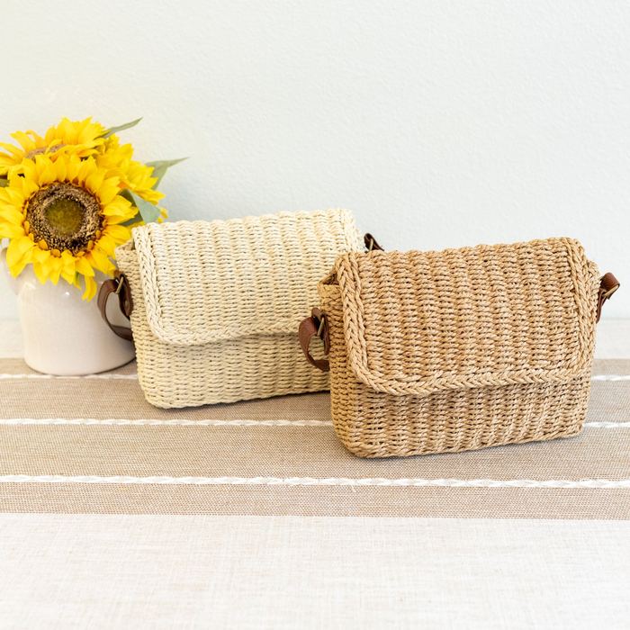 Woven Straw Messenger Bag with Rounded Flap