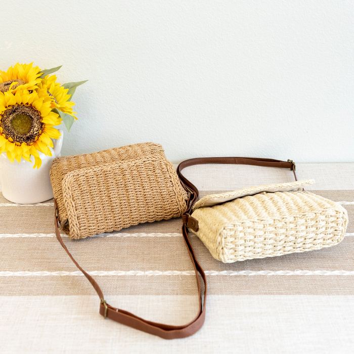 Woven Straw Messenger Bag with Rounded Flap