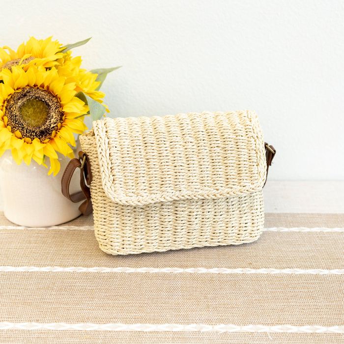 Woven Straw Messenger Bag with Rounded Flap