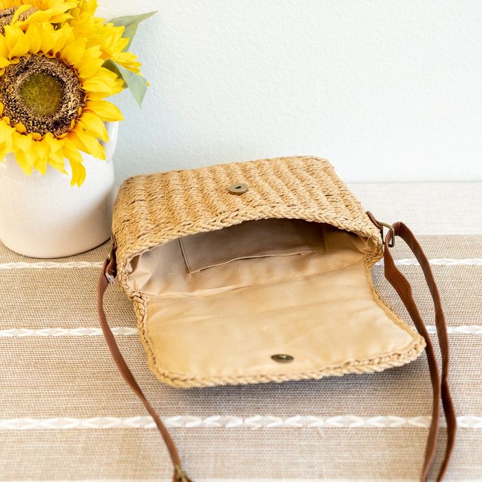 Woven Straw Messenger Bag with Rounded Flap