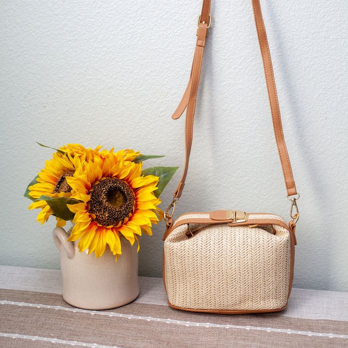 Mini Woven Straw Shoulder Bag with Brown Trim
