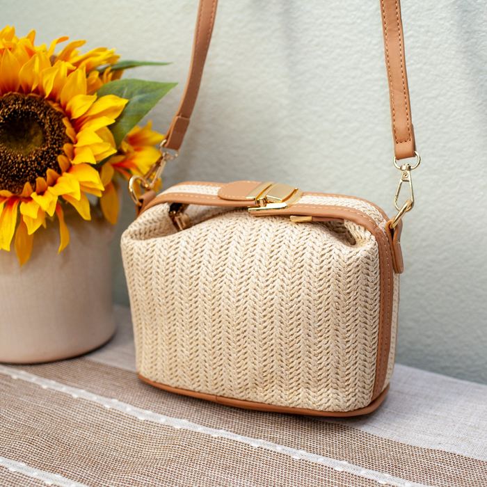 Mini Woven Straw Shoulder Bag with Brown Trim