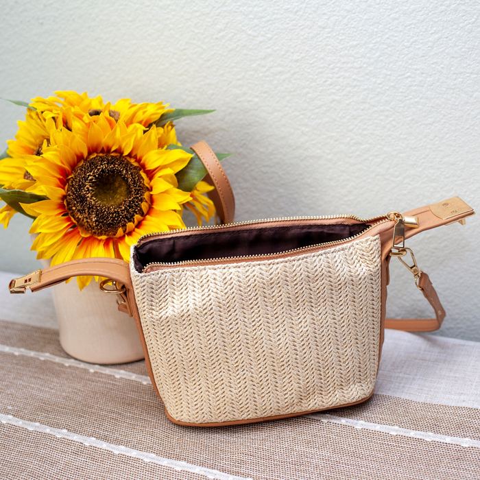 Mini Woven Straw Shoulder Bag with Brown Trim