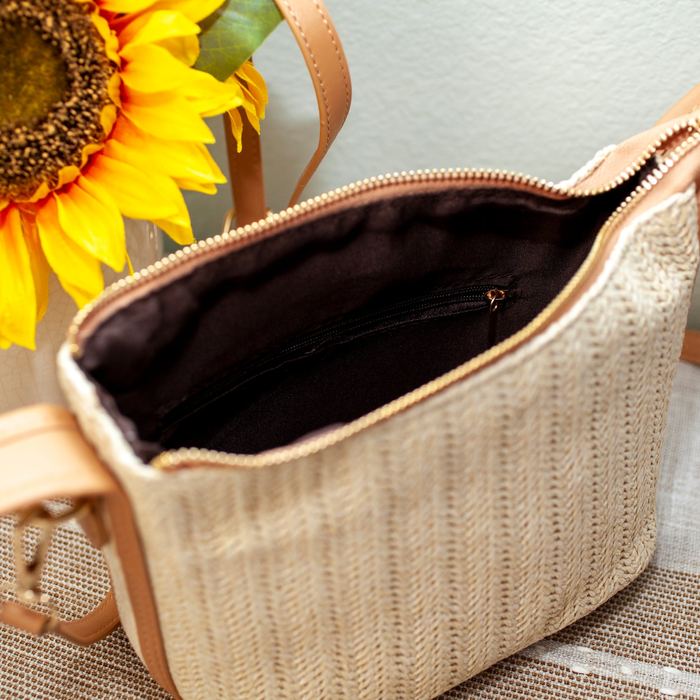 Mini Woven Straw Shoulder Bag with Brown Trim