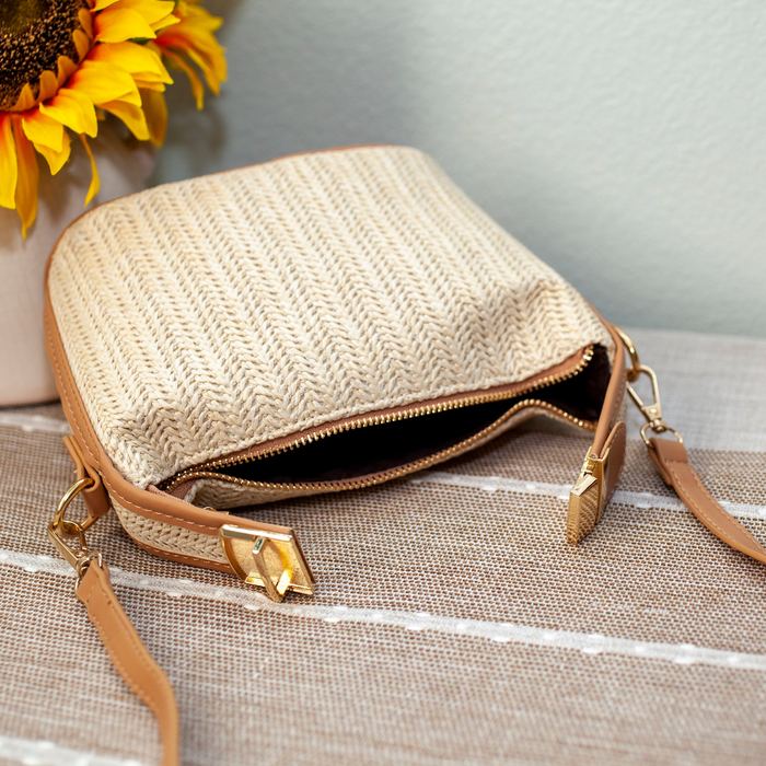 Mini Woven Straw Shoulder Bag with Brown Trim