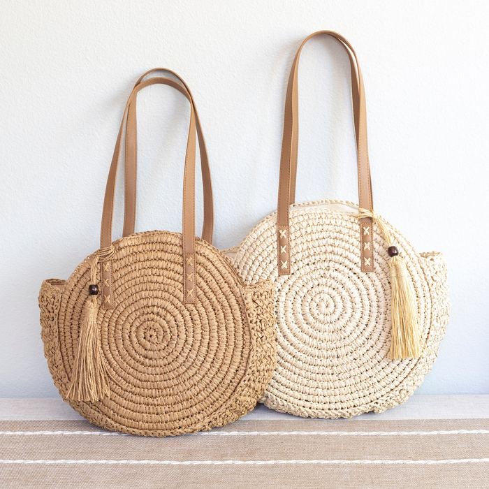 Large Spiral-Woven Round Straw Tote with Tassel