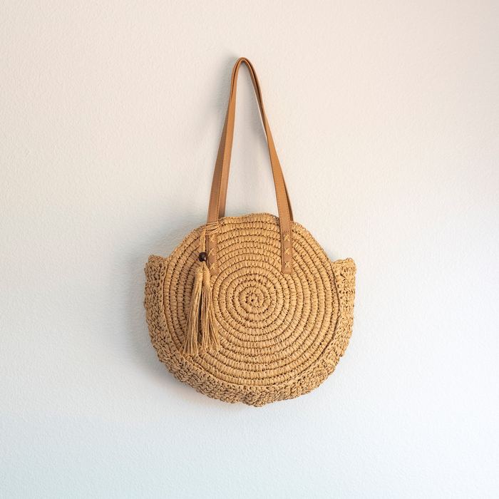 Large Spiral-Woven Round Straw Tote with Tassel