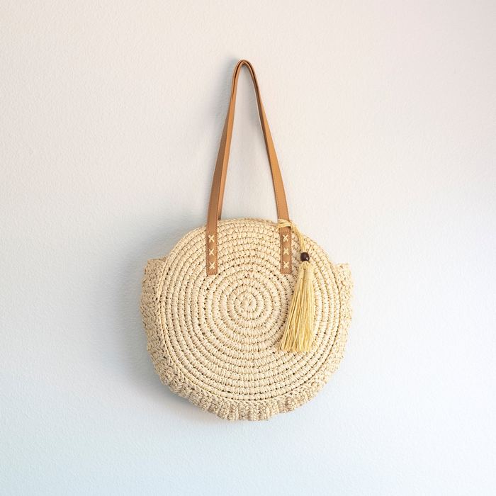 Large Spiral-Woven Round Straw Tote with Tassel