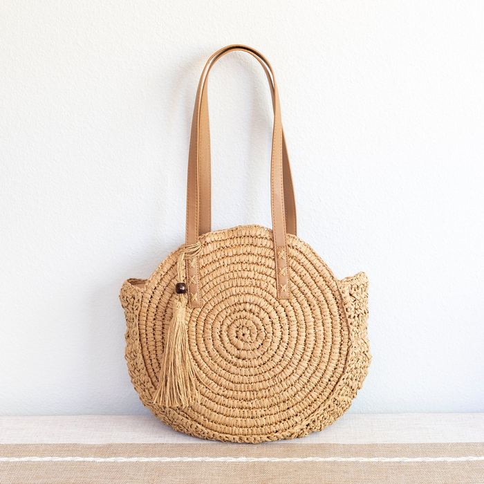 Large Spiral-Woven Round Straw Tote with Tassel