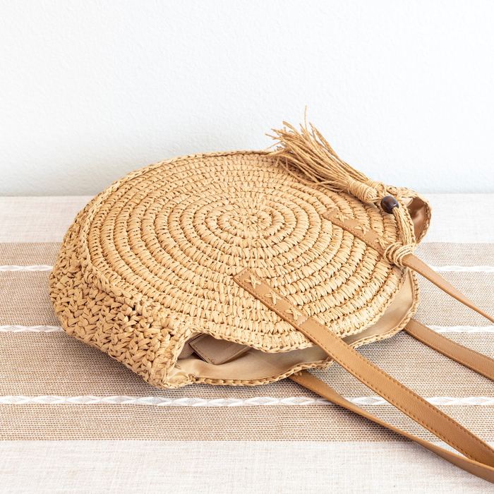 Large Spiral-Woven Round Straw Tote with Tassel