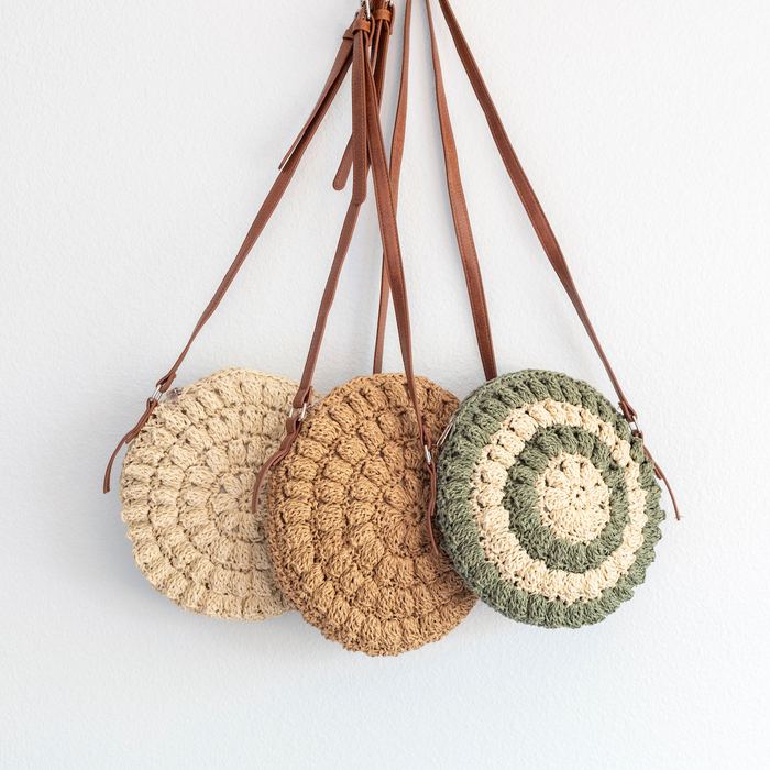 Round Straw Crossbody Bag with Raised Woven Rosettes