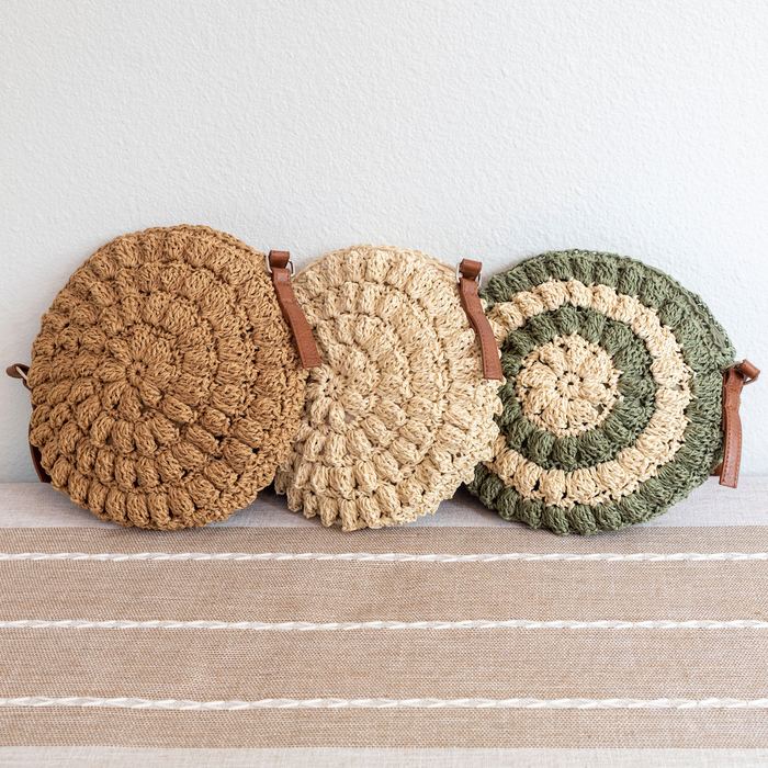 Round Straw Crossbody Bag with Raised Woven Rosettes