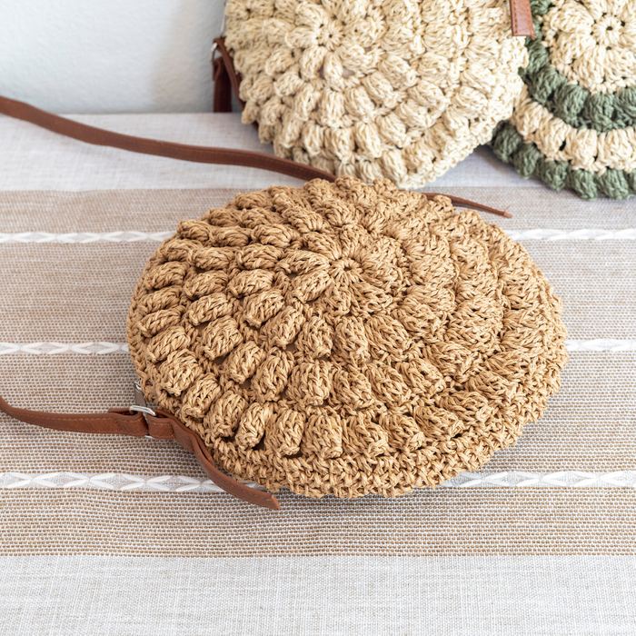 Round Straw Crossbody Bag with Raised Woven Rosettes
