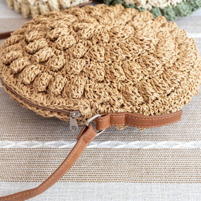 Round Straw Crossbody Bag with Raised Woven Rosettes