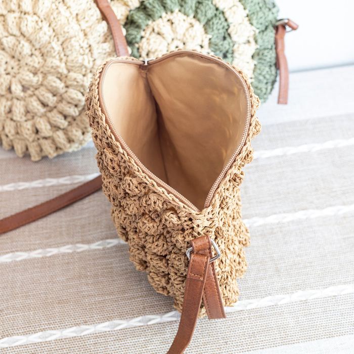 Round Straw Crossbody Bag with Raised Woven Rosettes
