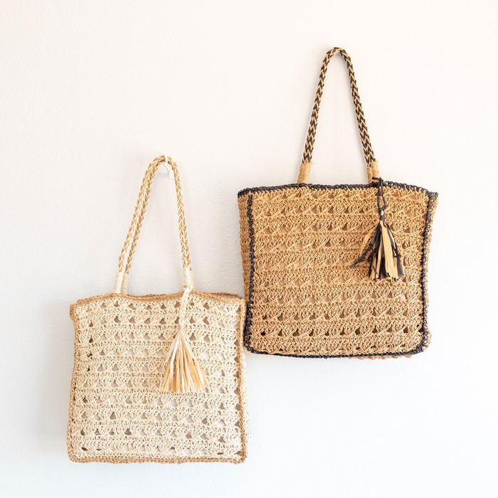 Openwork Straw Shoulder Tote with Contrast Edge Trim