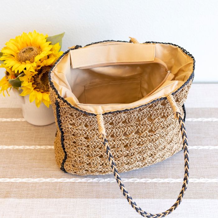 Openwork Straw Shoulder Tote with Contrast Edge Trim