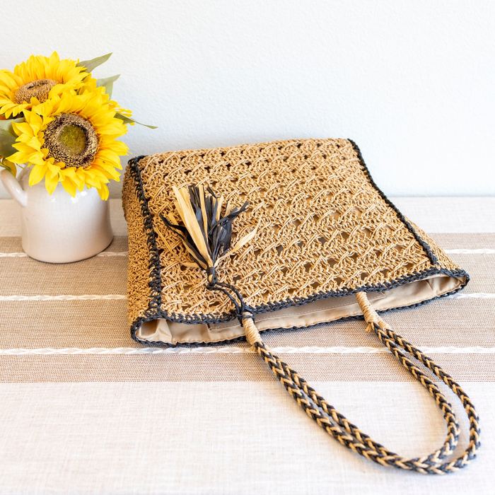 Openwork Straw Shoulder Tote with Contrast Edge Trim