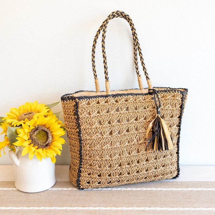 Openwork Straw Shoulder Tote with Contrast Edge Trim