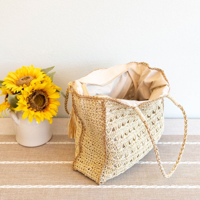 Openwork Straw Shoulder Tote with Contrast Edge Trim