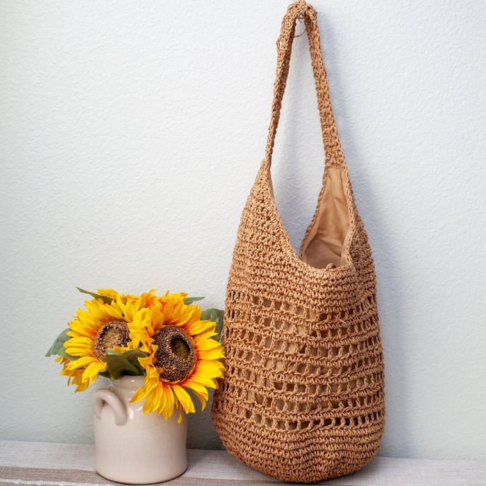 Tall Openwork Straw Shoulder Bag with Woven Strap