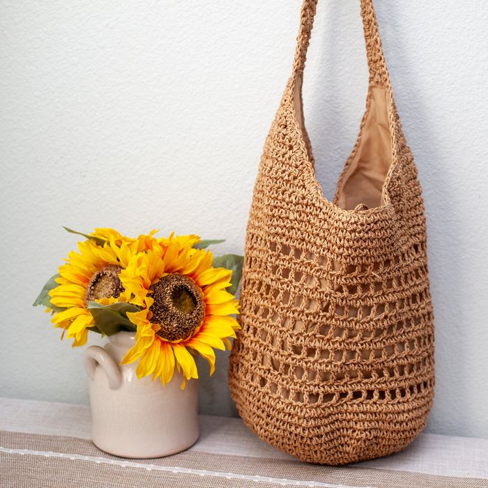 Tall Openwork Straw Shoulder Bag with Woven Strap
