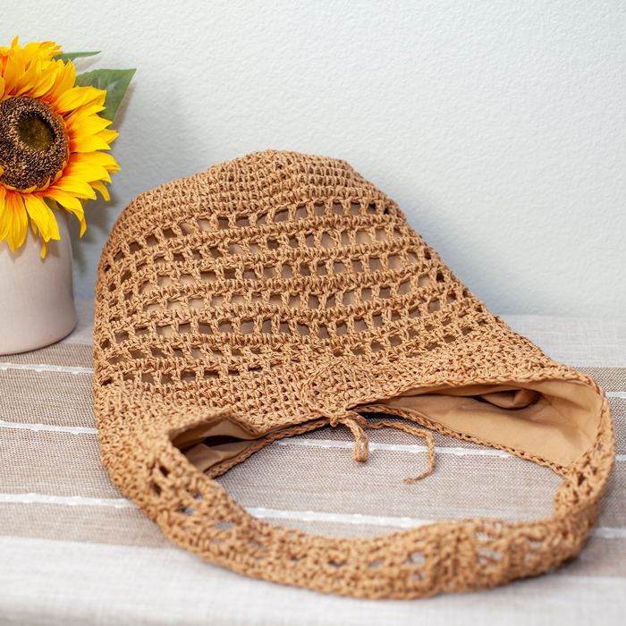 Tall Openwork Straw Shoulder Bag with Woven Strap