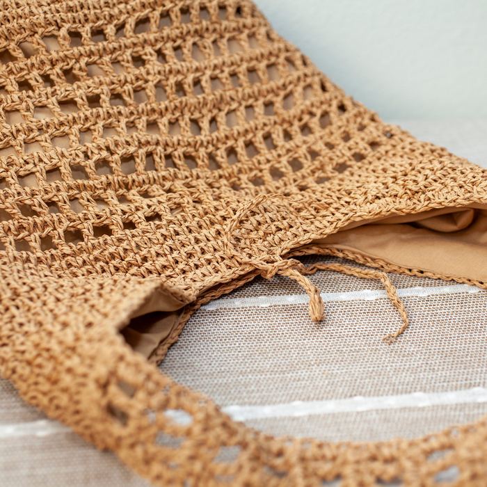Tall Openwork Straw Shoulder Bag with Woven Strap