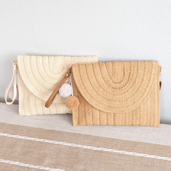 Woven Straw Flap Clutch with Tassel Accent
