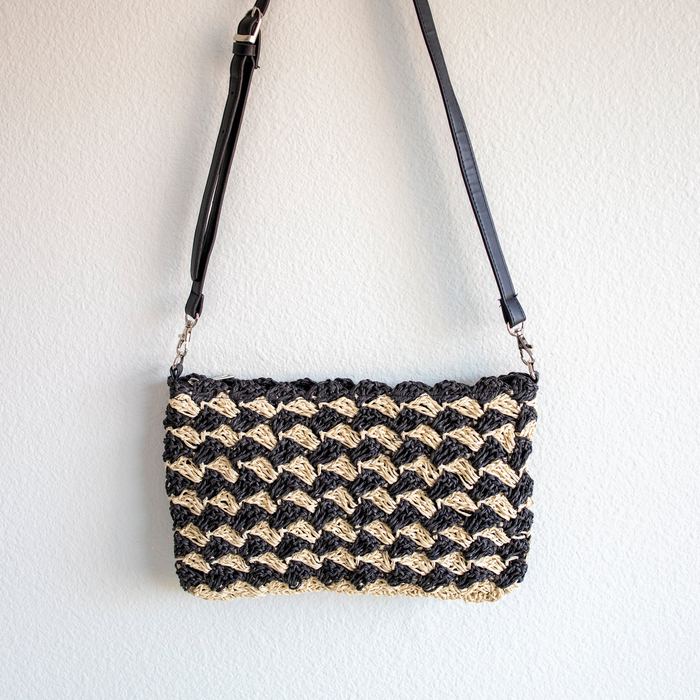 Black-and-Natural Zigzag Woven Straw Crossbody Bag