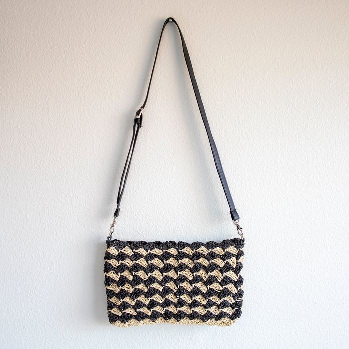 Black-and-Natural Zigzag Woven Straw Crossbody Bag