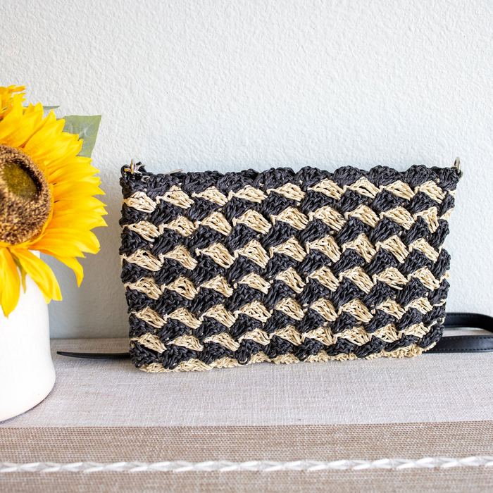 Black-and-Natural Zigzag Woven Straw Crossbody Bag