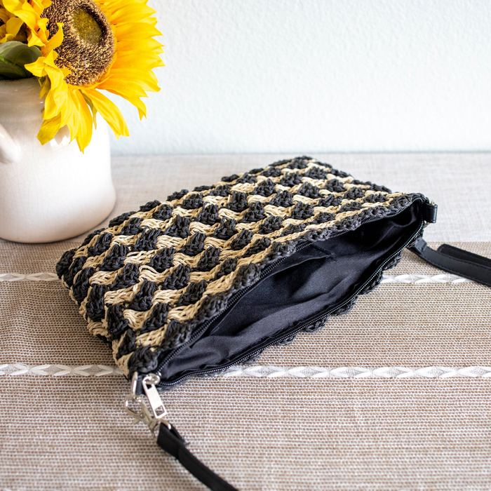 Black-and-Natural Zigzag Woven Straw Crossbody Bag
