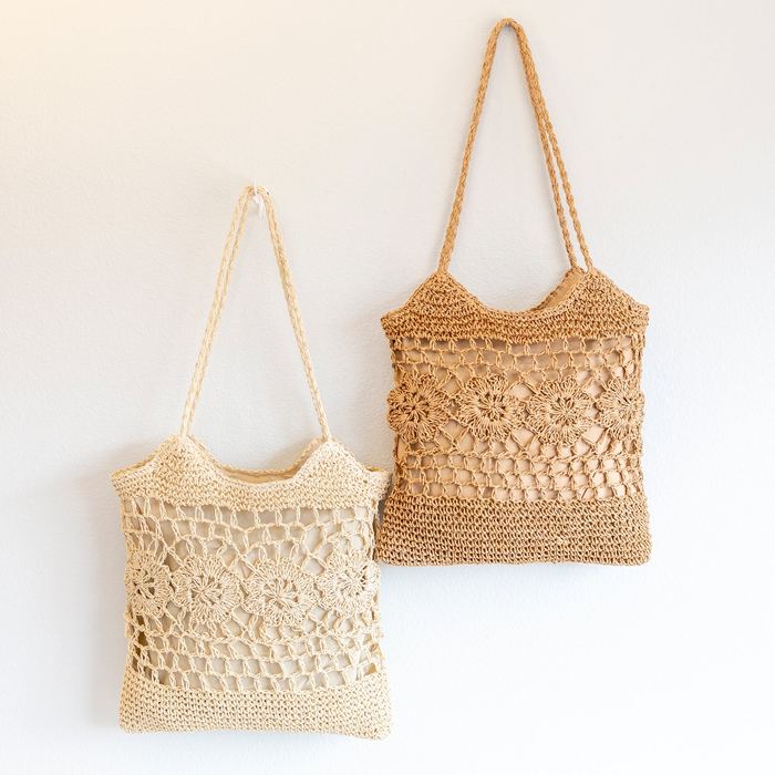 Floral-Lattice Straw Shoulder Tote with Long Handles