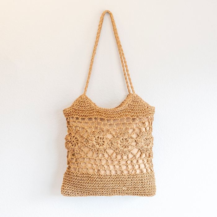 Floral-Lattice Straw Shoulder Tote with Long Handles