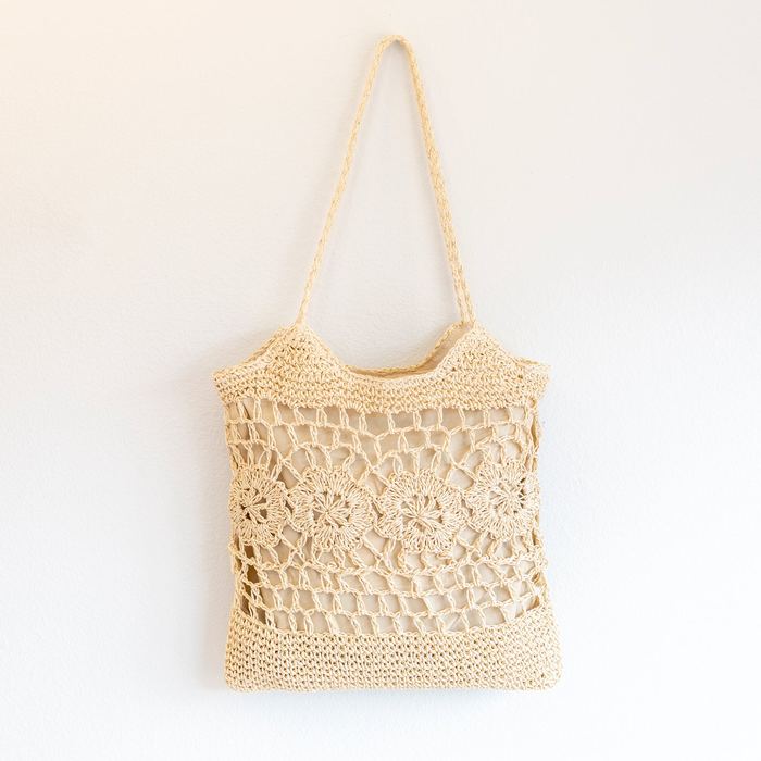 Floral-Lattice Straw Shoulder Tote with Long Handles