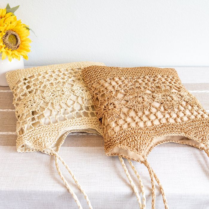 Floral-Lattice Straw Shoulder Tote with Long Handles
