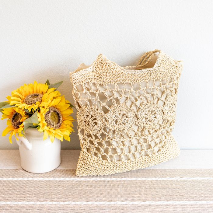 Floral-Lattice Straw Shoulder Tote with Long Handles