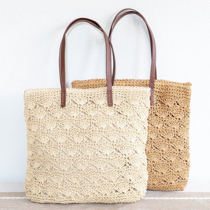 Floral-Pattern Woven Straw Shoulder Tote