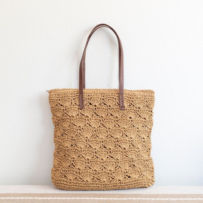 Floral-Pattern Woven Straw Shoulder Tote