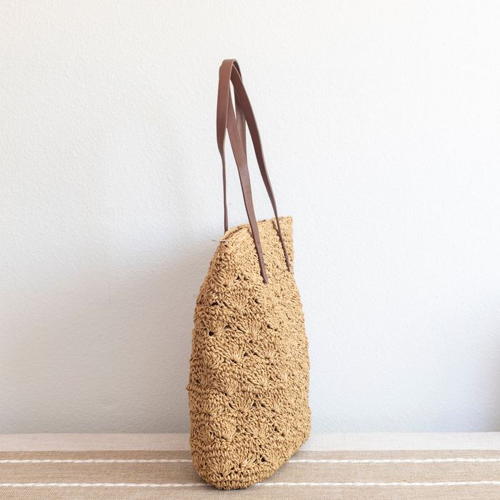 Floral-Pattern Woven Straw Shoulder Tote