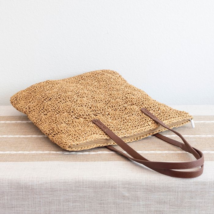 Floral-Pattern Woven Straw Shoulder Tote
